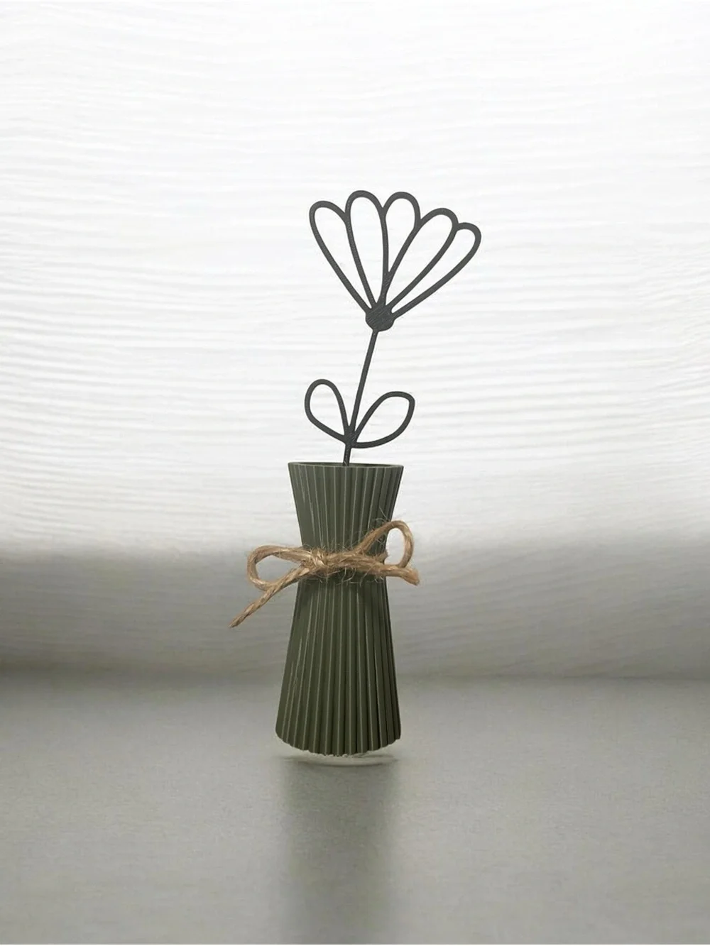 Rustic Olive Green Ribbed Vase with Twine Accent